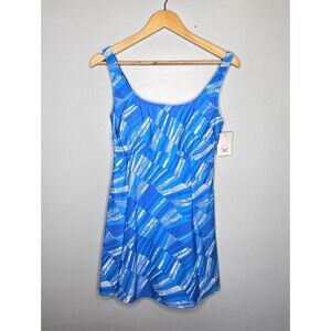 ADRIENNA Luxury Swimsuit 16 Swim Dress Sea Waves Print Blue Pearl Strap Accents